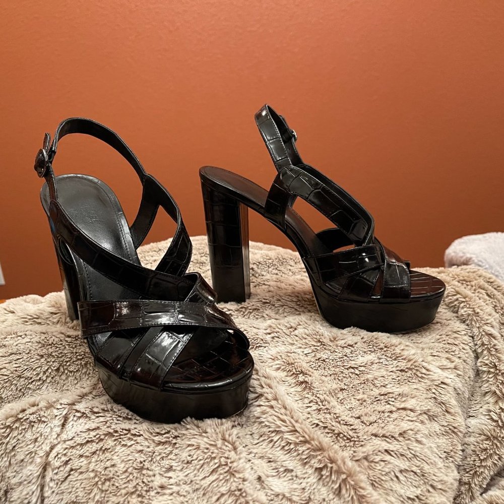 Michael Kors Audrina Black Embossed Leather Slingback Platform Sandals -Size 8.5